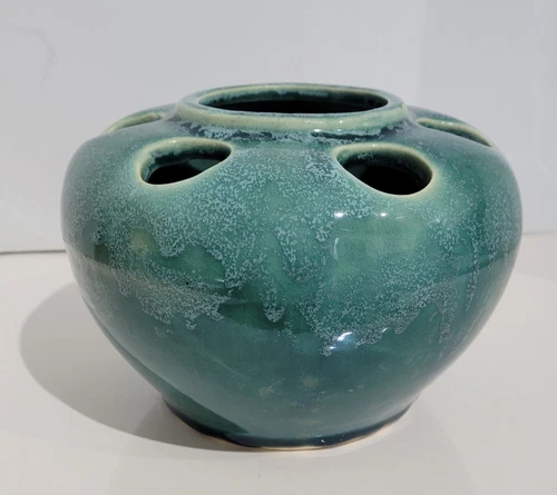 Vintage Brush Green Drip Glaze 6 Hole Flower Frog #524 Vase