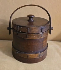 Antique Wooden Firkin with Lid & Handle Sugar Bucket Primitive Fingered Shaker