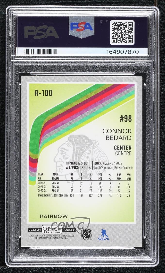 2023-24 O-Pee-Chee Platinum Retro Rookies Rainbow Connor Bedard PSA 10 Rookie RC view 2