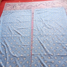 Blue pencil pleat lined  fleur de lis curtains 62" W x 83"  L (or 89" L *hem*