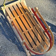 L.L.Bean Wooden Sled w/ Red Runners  Pull Rope, Brown/Red/Yellow