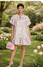 The Blueberry Bush Babydoll Dress Womens M Pink Floral Cottagecore Ruffle Mini