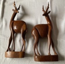 Pair Of Vintage Hand Carved Wooden African Antelope With Baby On Plinth 13”