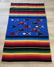 Mexican Serape Saltillo Fringed Wool Rug Blanket Tapestry Fish Pescado 82"x49"