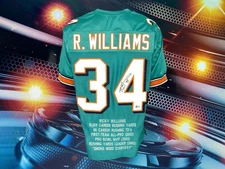 RICKY WILLIAMS AUTOGRAPHED CUSTOM MIAMI DOLPHINS TEAL STAT JERSEY COA JSA