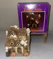 Vtg 4.5x5” Hand Painted Porcelain Tea Light Candle Holder Haunted House Ghost