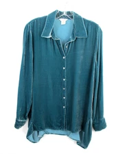 SUNDANCE Button-Up Velour Blouse Women Medium Green Soft Lagenlook Silk Blend