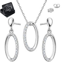 Filigranes Schmuckset Damen 925 Silber Oval Zirkonia Kette Ohrringe