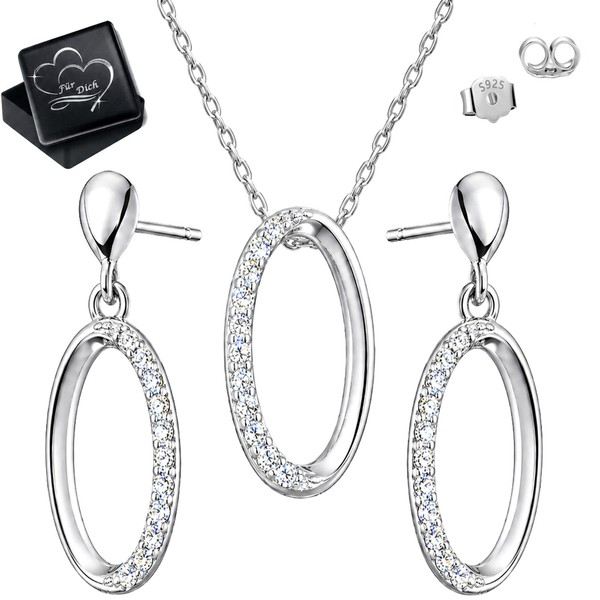 Filigranes Schmuckset Damen 925 Silber Oval Zirkonia Kette Ohrringe-image