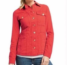 Cabi Coral Red Utility Jacket Ruffle Back Women  s Size M Button Front EUC