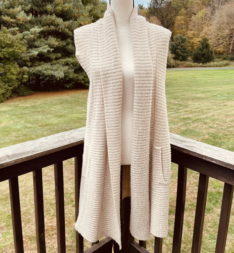 MICHAEL STARS Duster Cardigan Sweater Vest Long Open Front Ribbed Pockets Cream - Image 3 of 4