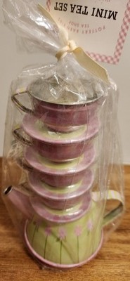 Pottery Barn Kids Mini Pink & Green Metal Tea Set/4 Cups/Saucers, Teapot NEW 