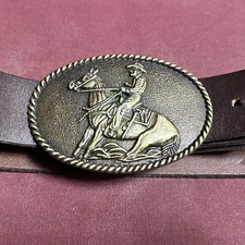 Western Leather Belt Brass Interchangeable Buckle Cowboy Horse Vintage-Style