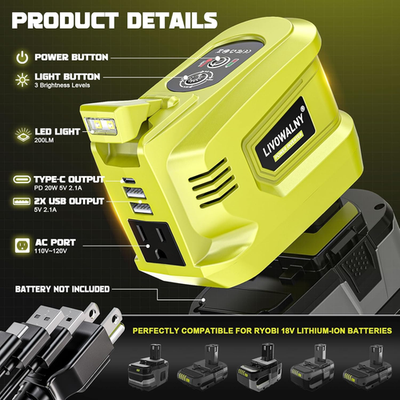 200W Real Power Inverter Compatible with Ryobi 18V, DC 18V to AC