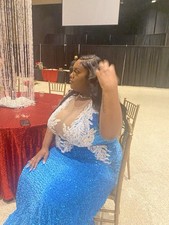Blue Sequin Mesh Mermaid Maxi Dress Plus Size Illusion Neckline Sleeveless