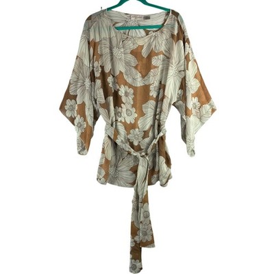 AB Lambdin 100% Silk Floral Belted Tunic Top Batwing Dolman Sleeve Women 12 READ