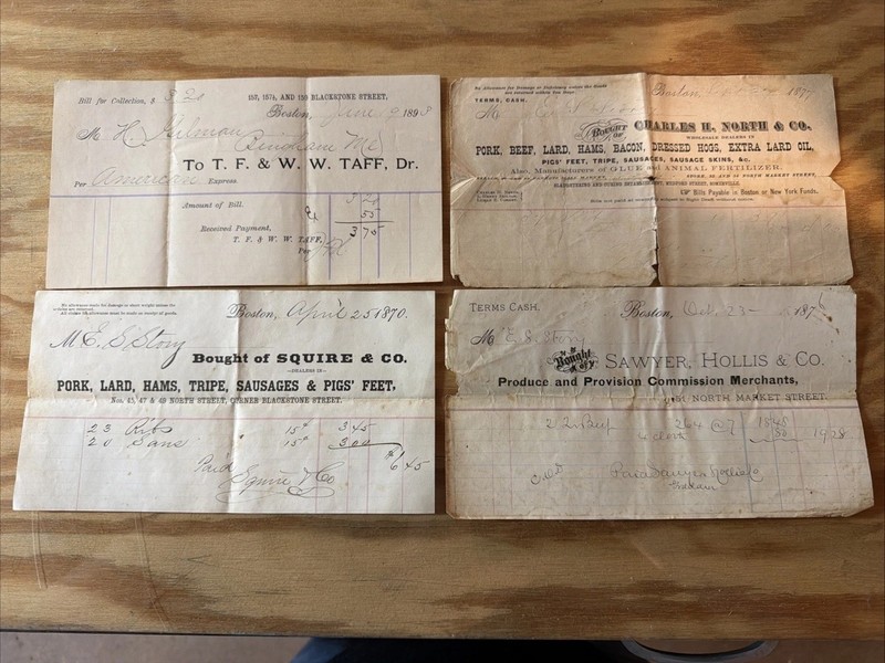 1800s Lot Billheads Boston, Sawyer Hollis, Squire & Co, Taff, Charles North Co.