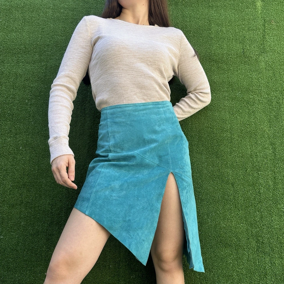 Falda Cache Vintage Y2k Gamuza Talla 2 Azul Turquesa Forrada Asimétrica Foto 2 de 4