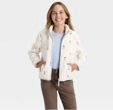 NEW Cat Jack Girls Cream Sherpa Fleece Full Zip Skier Embroidered Jacket XS