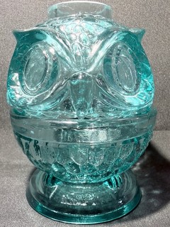 green Vaseline glass Owl Fairy lamp candle tea light holder Bird uranium chimney