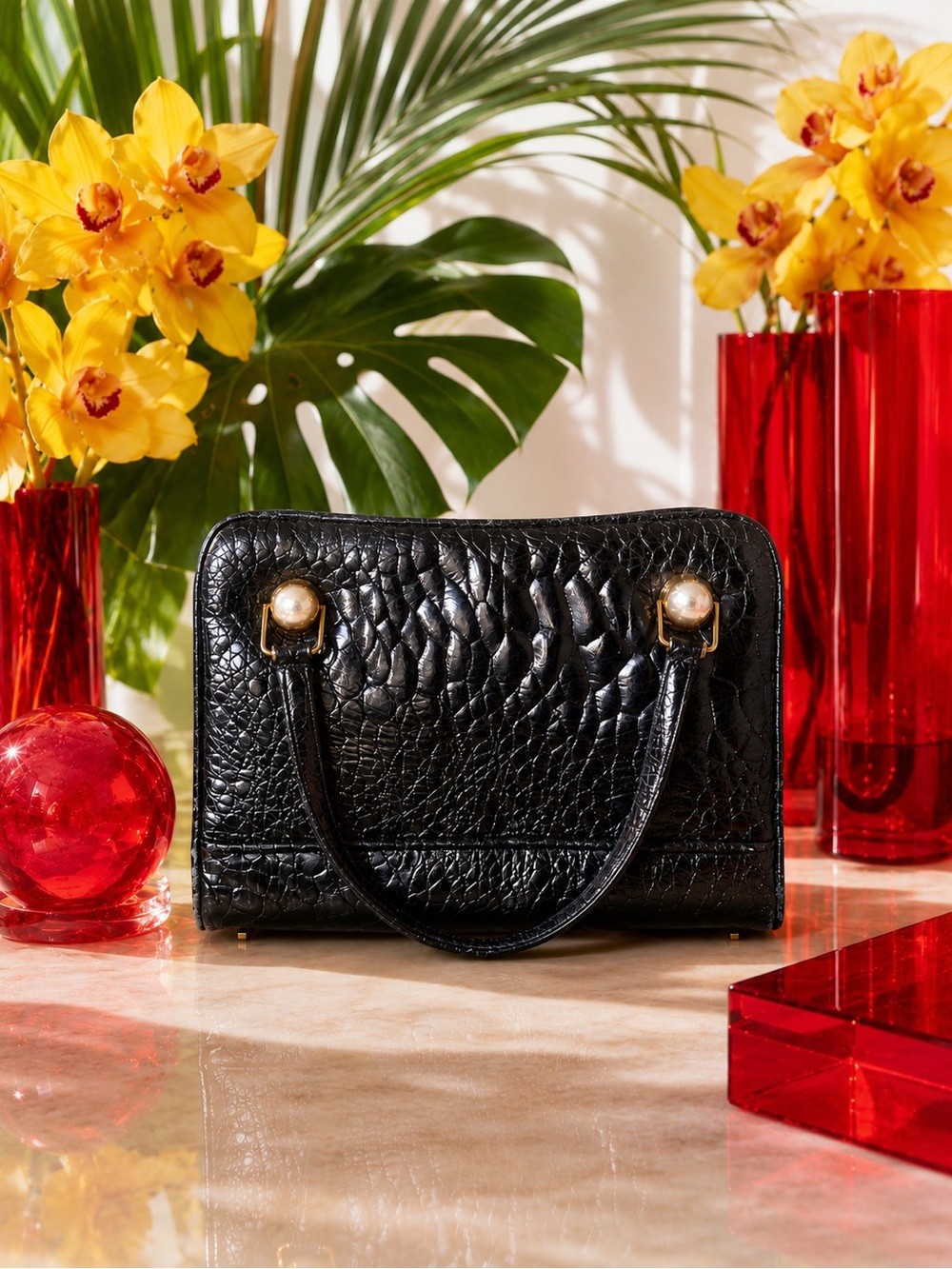 Black genuine alligator leather structured top-handle handbag