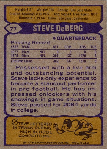 Steve DeBerg 1979 Topps #77 - Imagen 2 de 2
