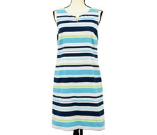 TALBOTS Women's 6P Aqua & Navy Blue Striped Sleeveless Cotton Shift Sheath Dress