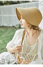 Retro Cute Straw Bonnet Cap for Women Victorian Sun Hat With Chin Strap Foldable