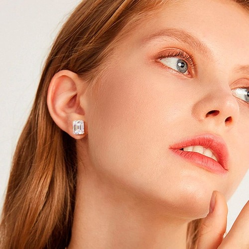 4ct D VVS1 Emerald Cut Moissanite Women's Stud Earrings 18K White Gold Plated - Picture 11 of 12