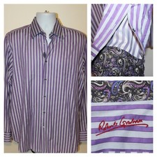 Robert Graham Purple Striped Cotton Paisley Flip Cuff Button Shirt Size 16/41 L