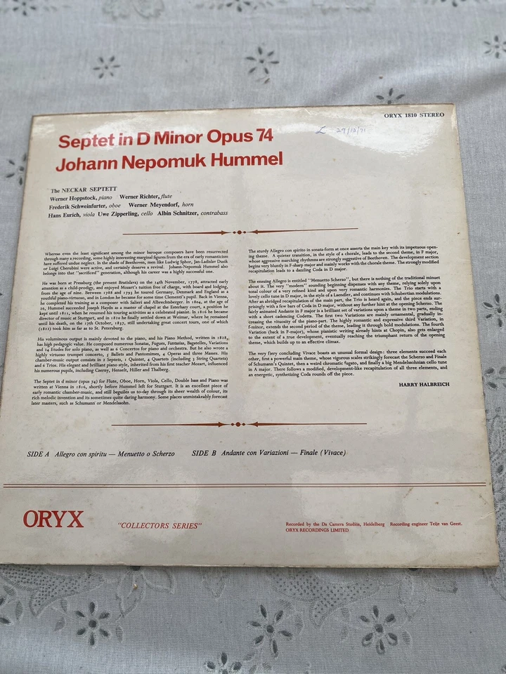 JOHANN NEPOMUK HUMMEL * LP * SEPTET IN D MINOR OP74 THE NEKTAR SEPTETT ORYX 1810 - Image 2 of 4