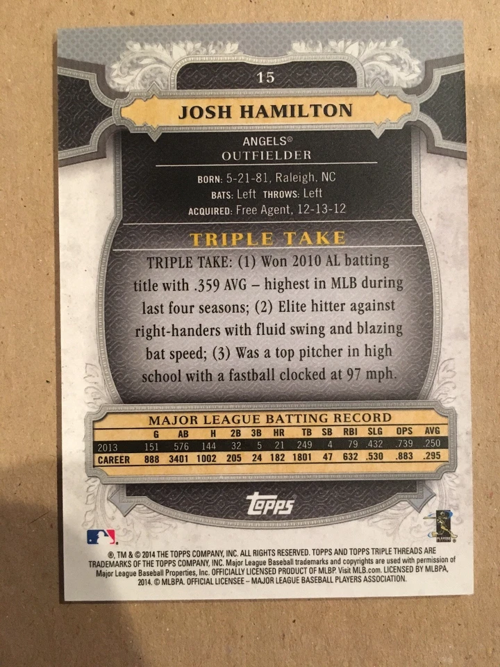 2014 Topps Triple Threads #15 Josh Hamilton Los Angeles Angels - Image 2 of 2