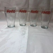 Vintage Cola Glasses 6 1/2" Tall Red Lettering on Clear Glass 4 Pcs Collectible
