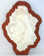 MADONNA GESù BAMBINO ICONA SACRA ARGENTO cm21x15 LEGNO cm26x19 QUADRO MATERNITà