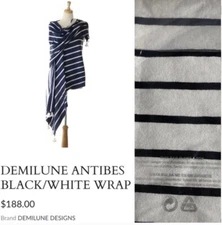 NWT Demilune White/Black Reversible Wrap/Scarf Black Pompoms 100% Pima Cotton