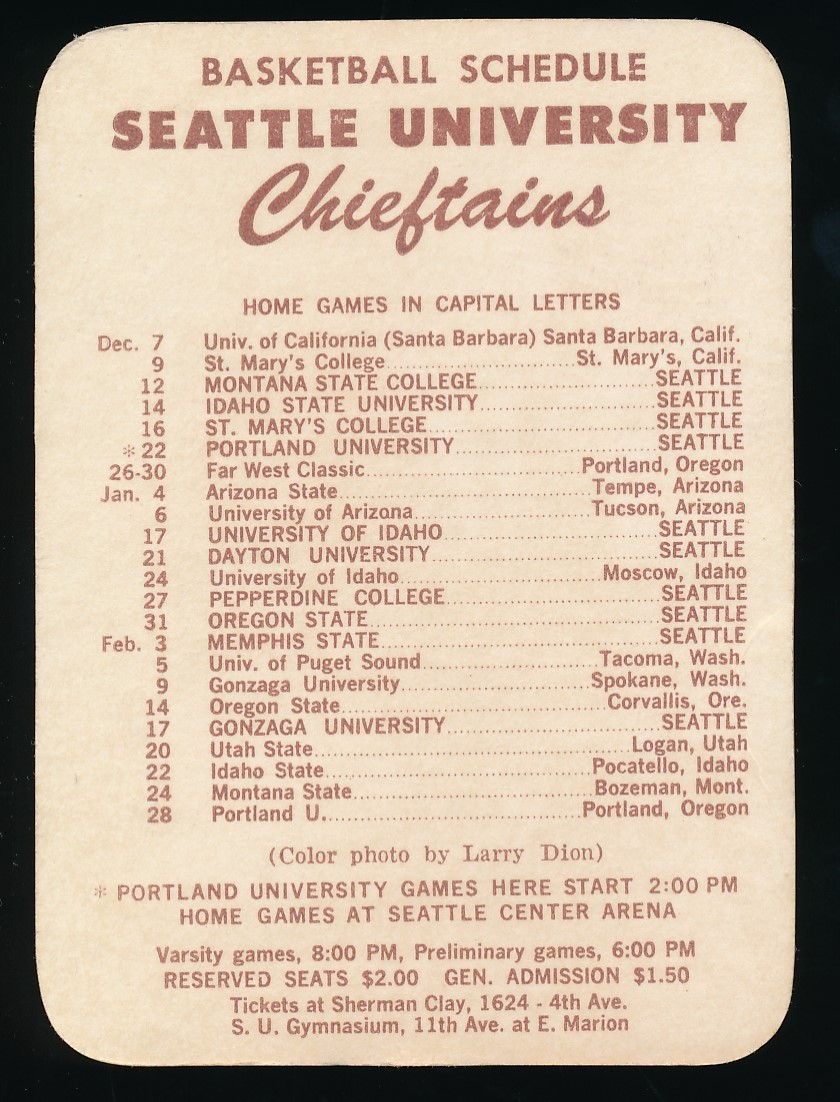 1963 64 Seattle University Basketball SCHEDULE CARD BOB BOYD Coach 1963-64-seattle-university-basketball-schedule-card-bob-boyd-coach