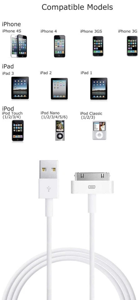 Lote Cable Cargador USB de 6 Pies Compatible para Cargar iPhone 4 4S iPod 4to Ipad_2 Foto 3 de 4