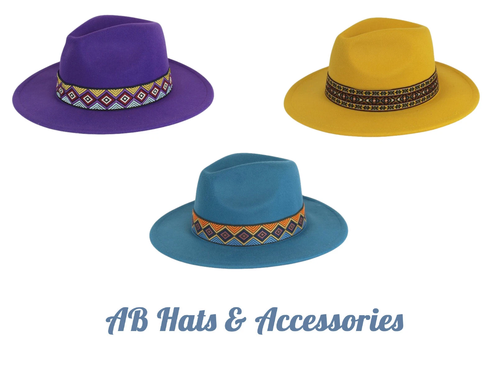 Ladies Felt Fedora With Aztec Detail Band Wide Brim Summer Hat