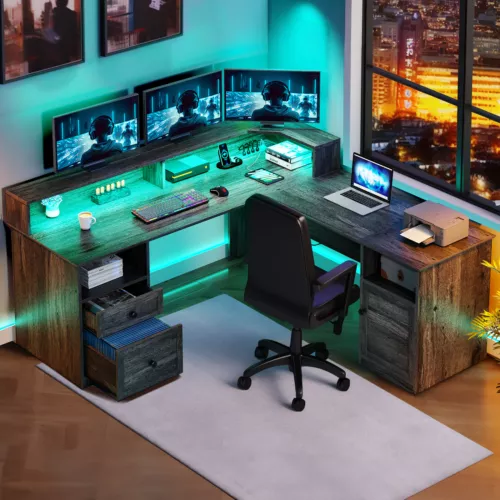 60" Lift Top L Shaped Desk with Power Outlets & LED Lights Corner Computer Desk