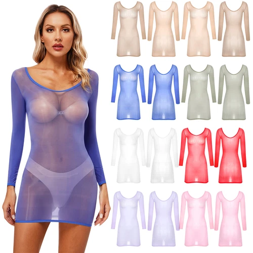 Women's Sexy Sheer Lingerie Dress 8D Stretch Long Sleeve Mini Dresses Nightwear