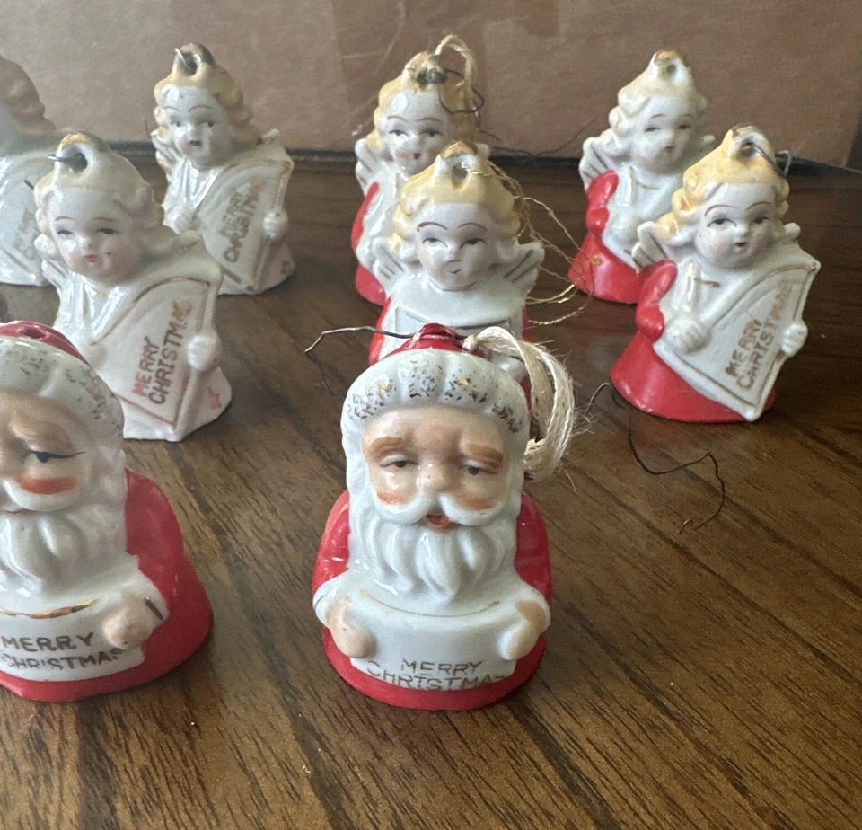 Lote de 10 Mini Campana Porcelana Adornos Navidad Papá Noel y amigos Años 50 Foto 2 de 4