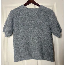Carly Jean Los Angeles Grey Fuzzy Textured Short Sleeve Sweater Top Size S