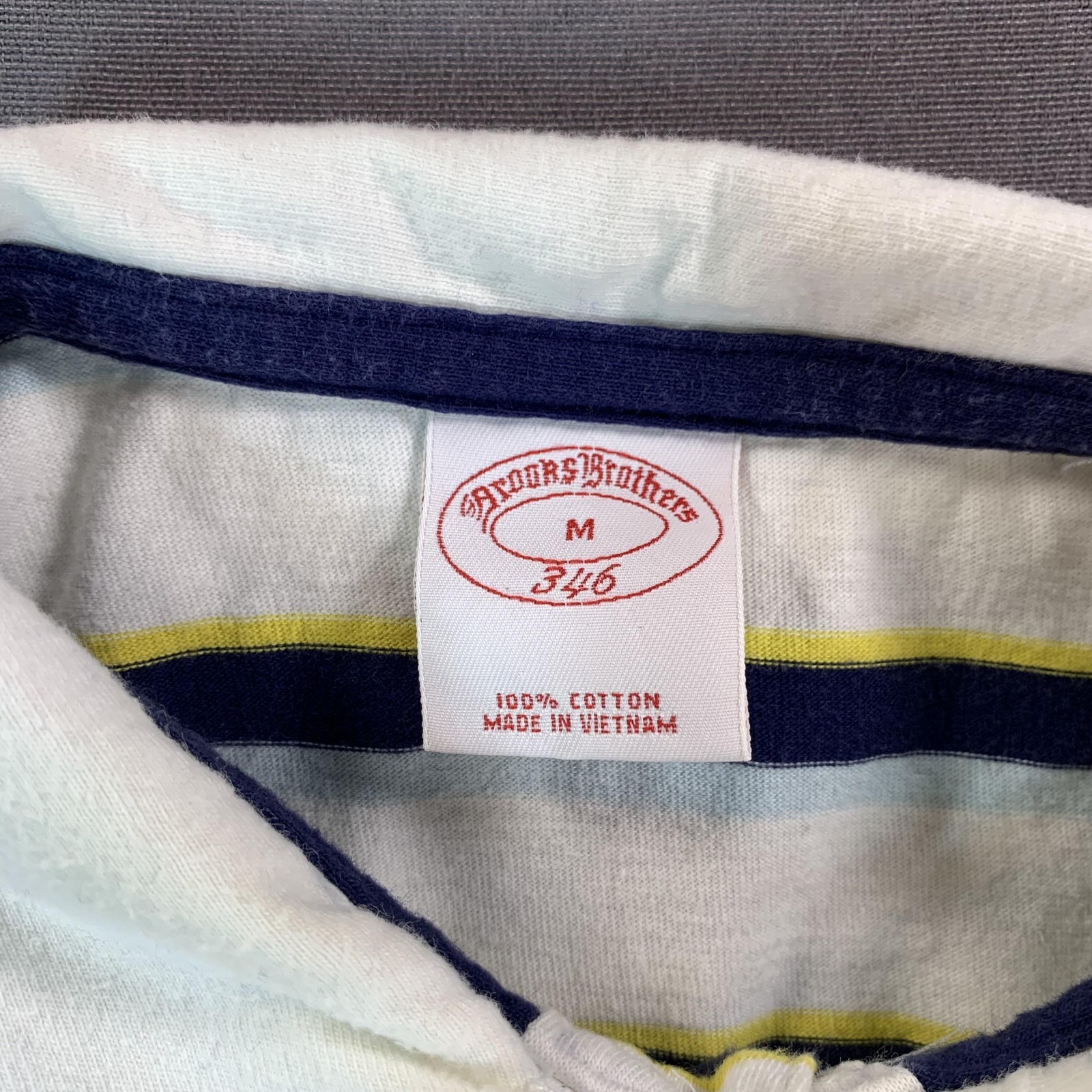 Brooks Brothers 346 Polo Shirt Mens Medium White Navy Yellow Stripe Cotton Logo thumbnail 5
