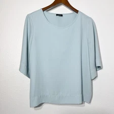 Ann Taylor Factory Shirt Womens M Blue Boxy Cut Blouse Office Mature Wide Sleeve