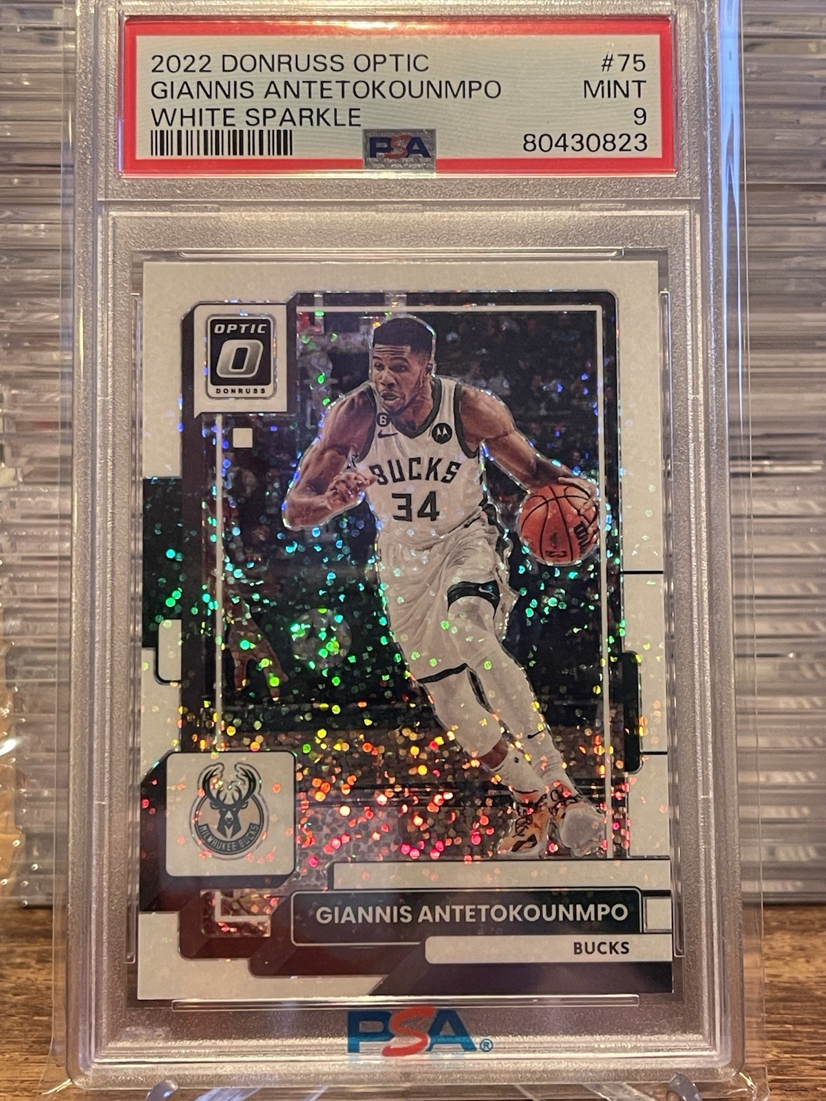 2022-23 Optic Giannis Antetokounmpo White Sparkle #75 Bucks PSA 9