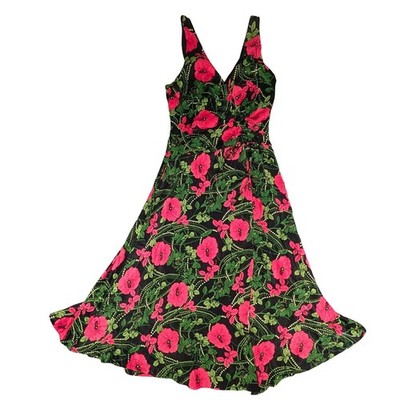 Maeve by Anthropologie Floral V-Neck Ruched Maxi Dress Black Pink Size 4 Slit