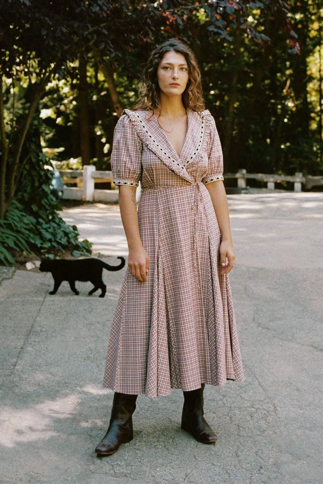 Christy Dawn The Rachel Sailor Collar Wrap Maxi Dress in Harvest Ruby Plaid Sz L - Image 2 of 4