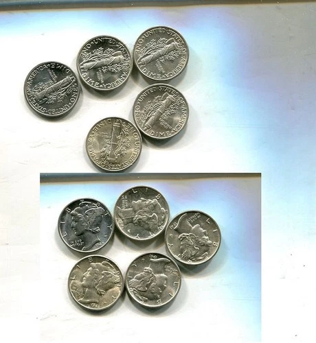 1940 - 1945 P D MERCURY HEAD SILVER DIME LOT OF 5 BU 4186T