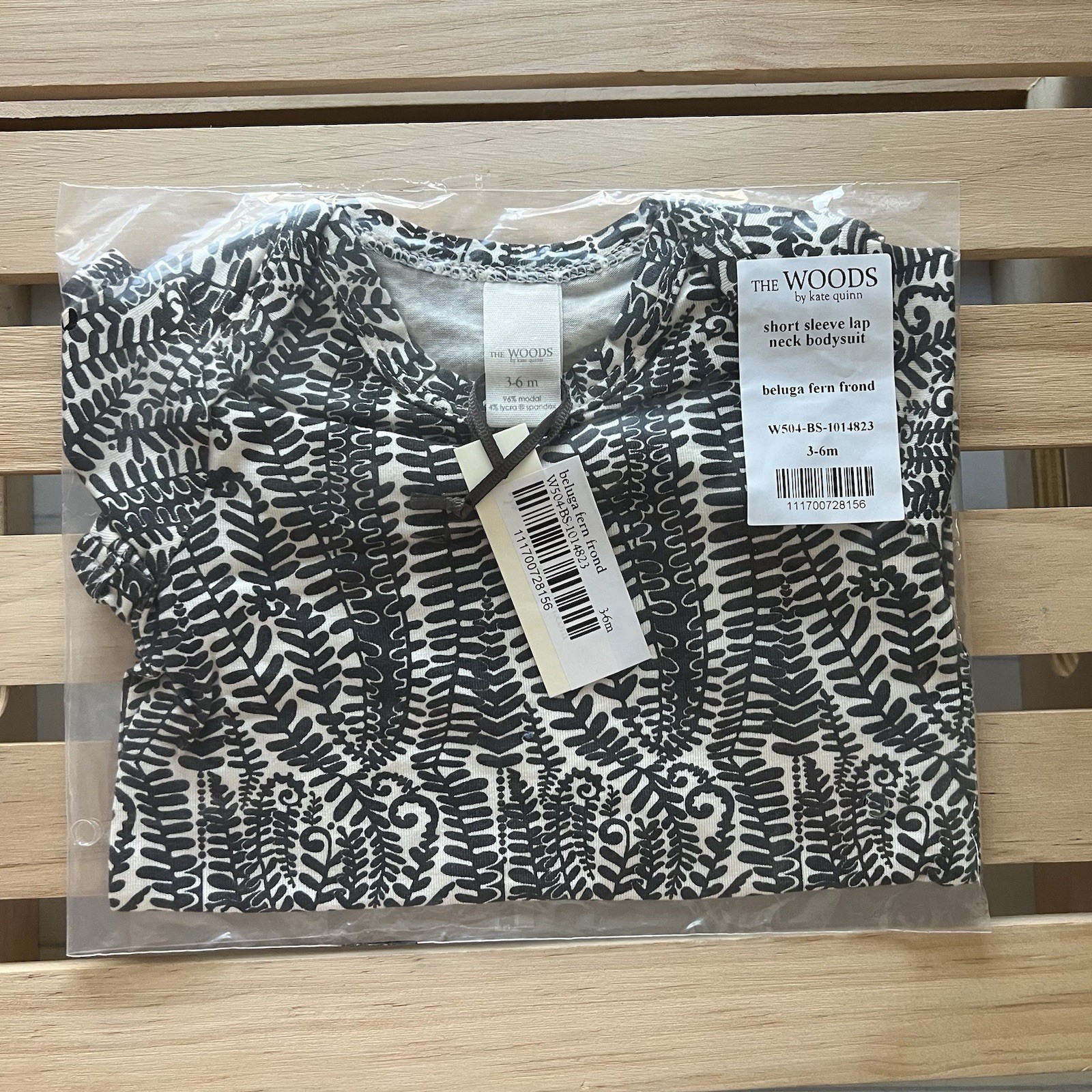 NIB Kate Quinn 3-6m Short Sleeve Lap Neck Bodysuit Beluga Fern Frond Modal