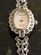 Vintage Majestron Watch Lady's 18mm Marcasite MOP Oval Dial